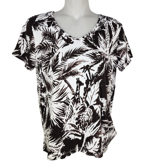 Chico's T Shirt Top Womens Size 1 Small Black White Exotic Palm Print Tropical - Picture 1 of 7